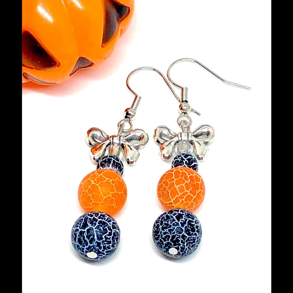 Halloween Orange Black Crack Agate w/ Bow Earrings